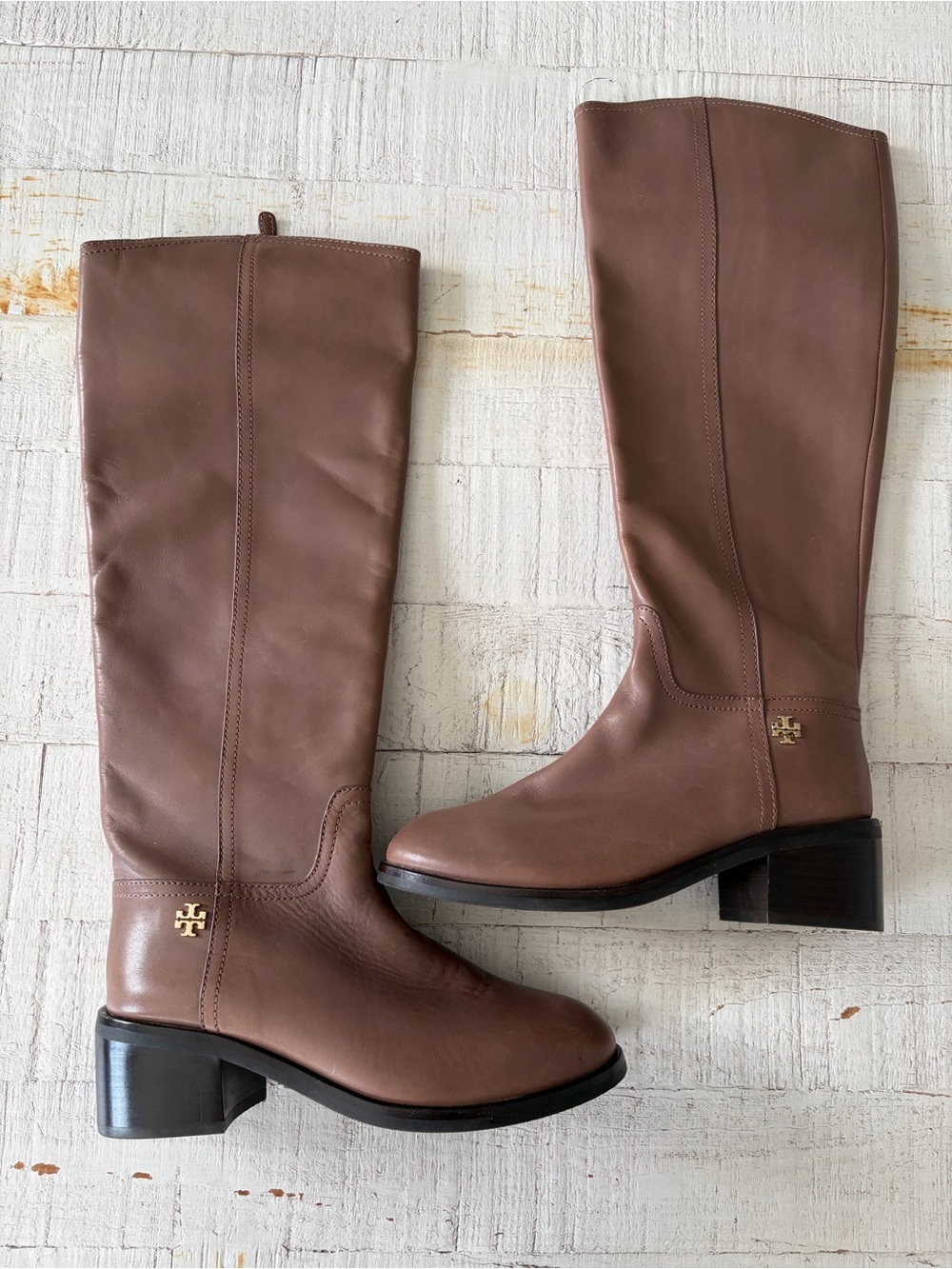 Tory Burch Fulton Leather Riding Boots NEW size 6.5 Topo Brown Tall Stacked Heel